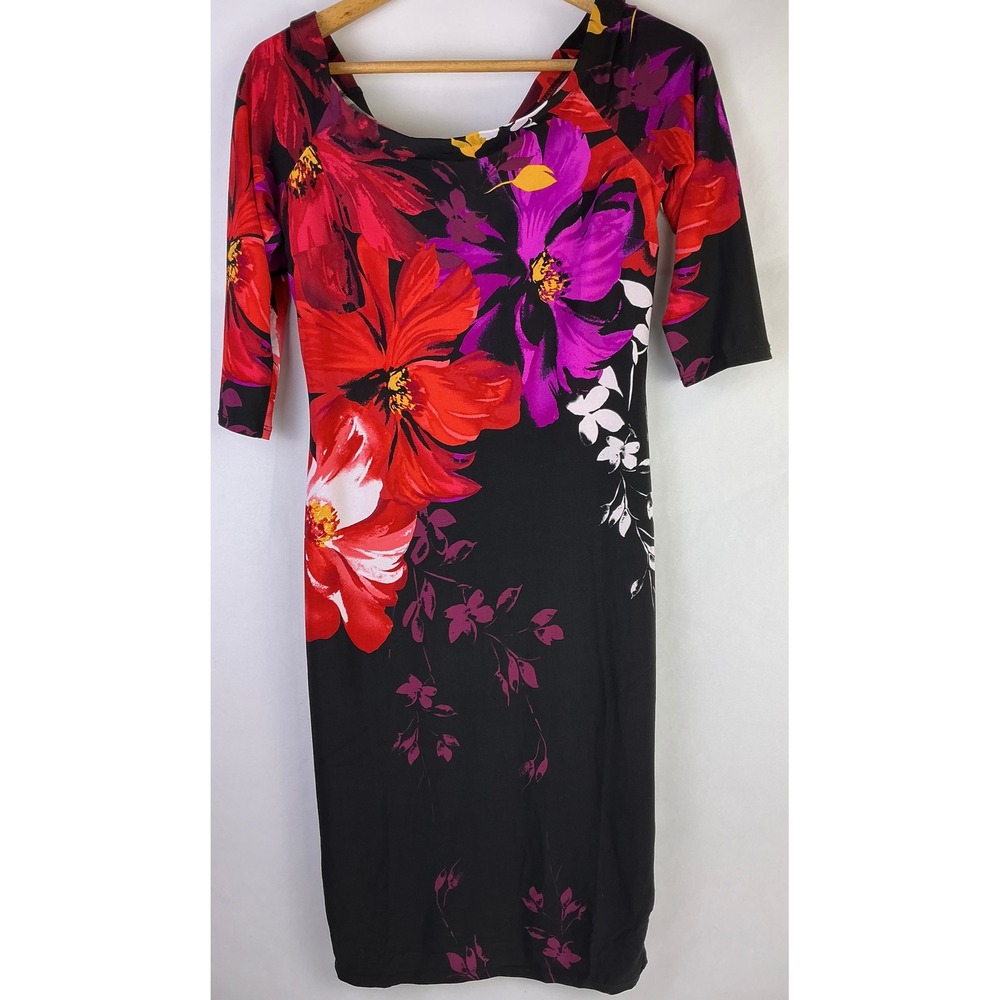 Venus Women's Black Floral Print 3/4 Sleeve Scoop Neck Sheath Dress Size S